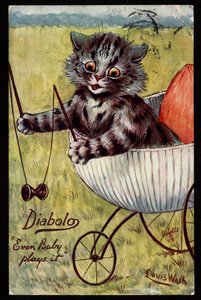 Diabolo. Sogar das Baby spielt damit. Tiere in menschlicher Haltung. Kätzchen spielt mit einem Diabolo in seiner Wiege. Postkarte. Chromolithographie von Louis Wain (1860-1939), englischer Künstler bekannt für seine Darstellung von Katzen mit großen Augen. von Louis Wain