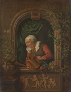 Frau gießt eine Pflanze von Louis de Moni