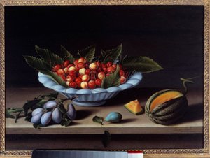 Schale mit Kirschen, Pflaumen und Melone (Gemälde von Louise Moillon, 1633)