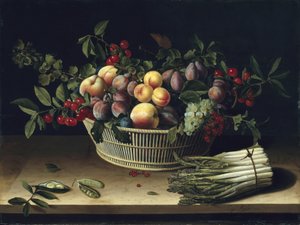 Stillleben mit einem Korb voller Früchte und einem Bund Spargel, 1630