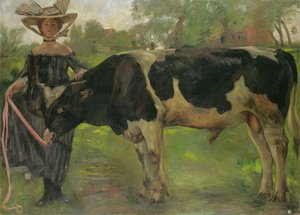 Die Malerin Charlotte Berend mit einem Stier