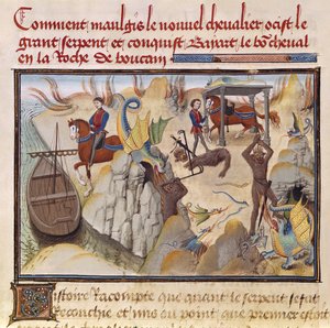 Ms 5072 fol.37v Maugis kämpft gegen die Schlange und gewinnt das verzauberte Pferd Bayard, aus dem Renaud de Montauban-Zyklus von Loyset Liedet