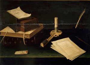 Stillleben mit Büchern, Feder, Brief und Kerze