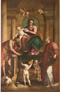 Genua, Duomo (St. Laurentius Kathedrale), innen, Taufkapelle (ehemals Kirche St. Johannes der Alte): "Madonna mit Kind zwischen St. Johannes dem Täufer und St. Laurentius", von Luca Cambiaso, Öl auf Holz