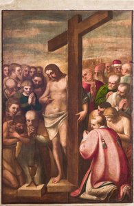 Genua, Duomo (St. Laurentius-Kathedrale), Sakristei, Kapelle: "Eucharistischer Christus, angebetet von Heiligen", von Luca Cambiaso, um 1580 von Luca Cambiaso