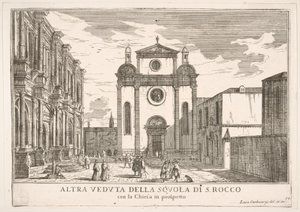 Blatt 38: Ansicht der Fassade der Kirche St. Roch und links die Fassade der Schule von Luca Carlevarijs