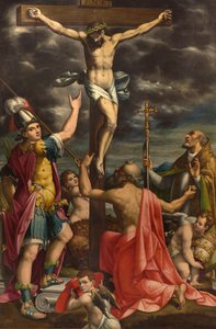 Altar von San Fermo, Kreuzigung mit den Heiligen Fermo, Hieronymus und Papst Gregor XIV., Luca Cattapane 1593 von Luca Cattapane