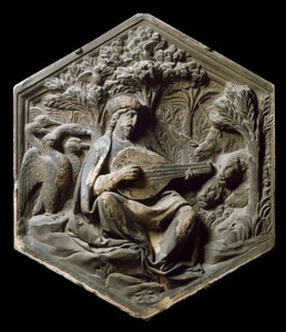 Allegorie der Musik als Orpheus. Die Tiere des Waldes lauschen Orpheus, der die Laute spielt. Hochrelief von Luca della Robbia von Luca Della Robbia