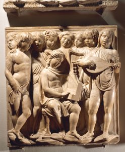 Laudate Eum in chordis et organo (Psalm 150, Laudate Dominum), Tafel mit singenden Jungen mit Orgel, Harfe und Laute von Luca Della Robbia