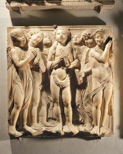 Laudate Eum in cymbalis bene sonantibus (Psalm 150, Laudate Dominum), Tafel mit Putti und Engeln, die Zimbeln spielen von Luca Della Robbia