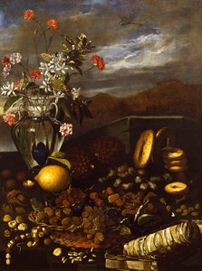 Stillleben mit Trockenfrüchten, Blumen und Landschaft, von Luca Forte (1610-1670)