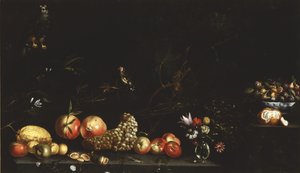 Stillleben mit Früchten, Blumen, einem Falken und einem Stieglitz
