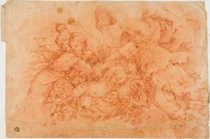 Allegorische Figuren, die das päpstliche Insignien halten, Studie nach der Allegorie der göttlichen Vorsehung im Palazzo Barberini in Rom