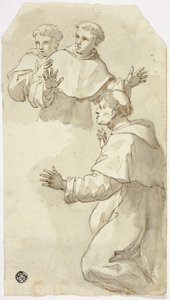 Drei erschrockene Mönche, einer kniend, zwei stehend von Luca Giordano