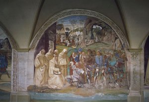 Benedikt entdeckt Totilas Täuschung, Szene aus dem Leben des heiligen Benedikt von Luca Signorelli