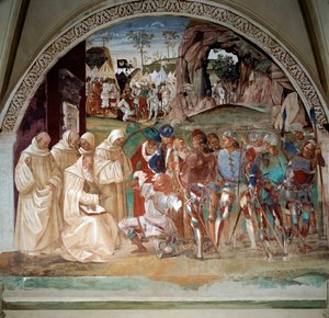 Benedikt entlarvt die List von Totila, König der Goten, um seine Hellseherei zu testen von Luca Signorelli