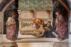 Beweinung des toten Christus zwischen den beiden Heiligen von Orvieto (S. Parenzo rechts und S. Faustino links) von Luca Signorelli