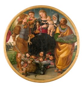 Madonna mit Kind zwischen Heiligen, Tondo Signorelli, 1510-1515 von Luca Signorelli