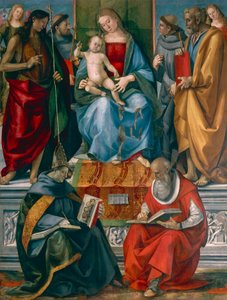 Madonna mit Kind, Johannes dem Täufer, Franz von Assisi, Antonius von Padua, Joseph Bonaventura und Hieronymus von Luca Signorelli