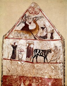 Ein Stier wird zum Altar des Opfers geführt von Lucanian School
