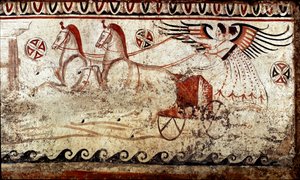 Ein Sieg geführt von einem Biga. Lukanisches Fresko aus dem 4. Jahrhundert v. Chr., aus der Nekropole von Paestum, Italien. Museo nazionale archeologico, Paestum