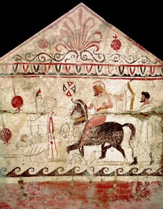 Die Rückkehr des siegreichen Kriegers. Lukanisches Fresko aus dem 4. Jahrhundert v. Chr., aus Grab 86, Nekropole von Andriuolo in Paestum, Italien. Museo nazionale archeologico, Paestum