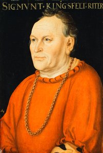 Porträt von Sigmunt Kingsfelt, halblang, in einem roten Kostüm