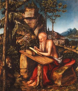 Der heilige Hieronymus schreibt in einer felsigen Landschaft, ca. 1515 von Lucas Cranach