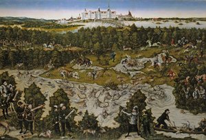 Jagd zu Ehren von Kaiser Ferdinand I. auf Schloss Torgau von Lucas Cranach the Elder