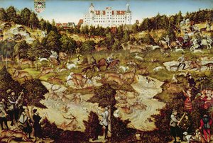 Jagd zu Ehren von Kaiser Karl V. nahe Schloss Hartenfels, Torgau, 1544 von Lucas Cranach the Elder