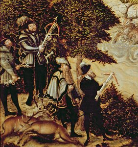 Johann Friedrich der Großmütige, Kurfürst von Sachsen und Kaiser Karl V. jagen Hirsche in der Nähe von Schloss Hartenfels, Torgau, 1544 (Detail) von Lucas Cranach the Elder