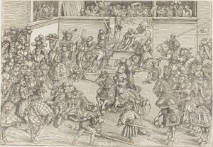 Das zweite Turnier mit einem Wandteppich, der Samson und den Löwen zeigt