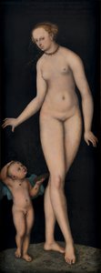 Venus mit Amor als Honigdieb vor schwarzem Grund von Lucas Cranach the Elder