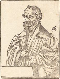 Philip Melanchton, Halbfigur nach links, hinter einer Brustwehr stehend von Lucas Cranach the Younger