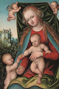 Die Heilige Jungfrau und das Kind mit dem kleinen Johannes dem Täufer und Engeln, eine Waldlandschaft mit einer Festung auf der Klippe im Hintergrund, ca. 1512 von Lucas The Elder (studio of) Cranach