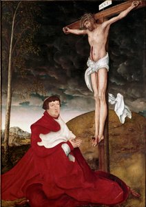 Kardinal Albrecht von Brandenburg verehrt das Kruzifix von Lucas the Elder Cranach