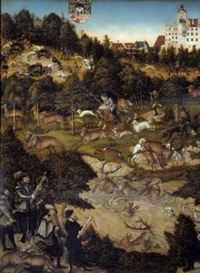 Jagd zu Ehren von Karl V. auf Schloss Torgau (Deutschland) (Detail). Der Kaiser ist wahrscheinlich ein Vertreter unten mit einer Armbrust. Gemälde von Lucas Cranach (1472-1553) von Lucas the Elder Cranach