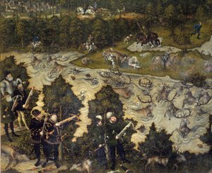 Jagd zu Ehren von Karl V. auf Schloss Torgau in Deutschland. Der Kaiser ist wahrscheinlich links dargestellt. Detail von Lucas the Elder Cranach
