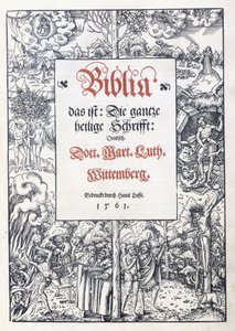 Titelseite mit einem feinen Bildrand aus "Biblia, das ist: Die gantze heilige Schrifft: Deudsch", übersetzt von Martin Luther, 1560-1561 von Lucas the Younger Cranach