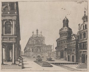 Ecke eines Palastes mit Kolonnade und Rundbau von Lucas van Doetechum and Johannes