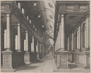 Innenansicht einer Kirche mit Tonnengewölbe von Lucas van Doetechum and Johannes
