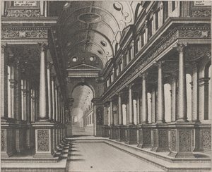 Innenraum einer Kirche mit einer Statue im Hintergrund von Lucas van Doetechum and Johannes