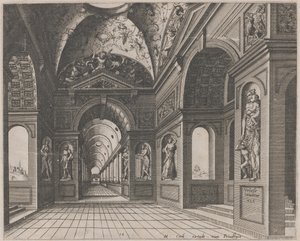 Innenraum einer kreuzgewölbten Halle mit Grotesken von Lucas van Doetechum and Johannes