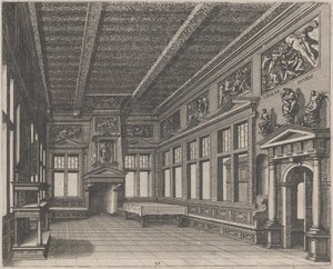 Innenraum mit Buffet, Kamin und religiösen Gemälden von Lucas van Doetechum and Johannes