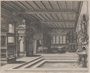 Innenraum mit Buffet, Eingangsportal und Baldachinbett von Lucas van Doetechum and Johannes