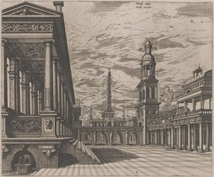 Stadtplatz mit Kolonnade links von Lucas van Doetechum and Johannes