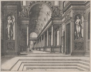 Ansicht in einer Kirche mit korinthischen Säulen und Statuen von Apollo, Melpomene und Moses von Lucas van Doetechum and Johannes