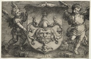 Ein Schild mit einer Maske, unterstützt von zwei Genien von Lucas van Leyden