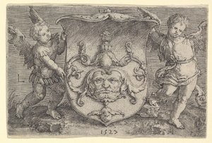 Wappen mit einer Maske, gehalten von zwei Genien, 1527 von Lucas van Leyden