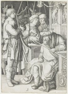 David spielt die Harfe vor Saul, ca. 1508 von Lucas van Leyden
